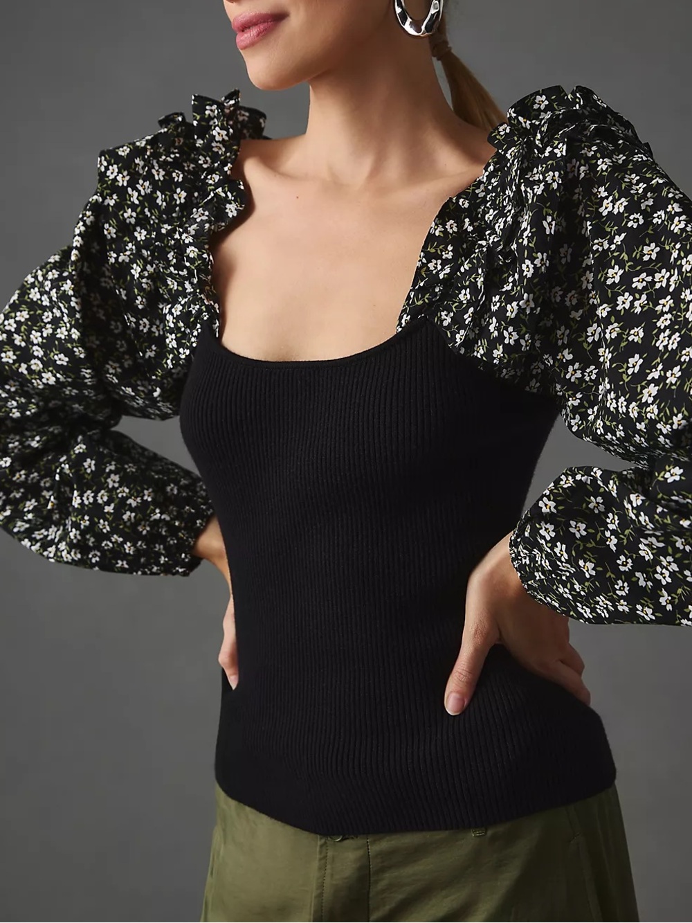 By Anthropologie | Woven Ruffle-Sleeve Sweater - Black/White Ditsy Floral